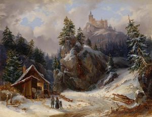 Encounterin A Winter Landscape Beneath The Ruins Of A Castle by Joseph Altenkopf