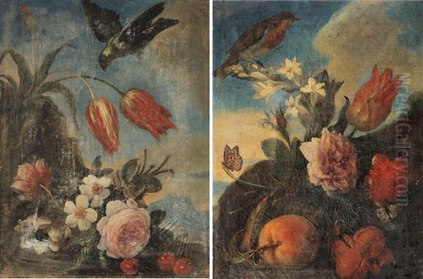 Fleurs, Cerises Et Oiseau Dans Un Paysage (+ Fleurs, Peches, Abricots Animes De Papillons Et D'un Oiseau Dans Un Paysage; Pair) - view 1