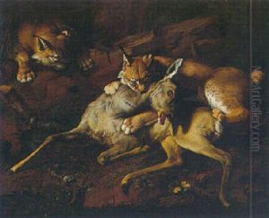 A Hunting Scene With Lynxes Attacking A Roe Deer A Hunting Scene With Lynxes Attacking A Roe Deer