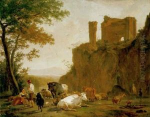 A Pastoral Landscape With A Cowherd And Shepherdess Resting Their Livestock Beside A River By A Ruined Castle On An Outcrop A Pastoral Landscape With A Cowherd And Shepherdess Resting Their Livestock Beside A River By A Ruined Castle On An Outcrop