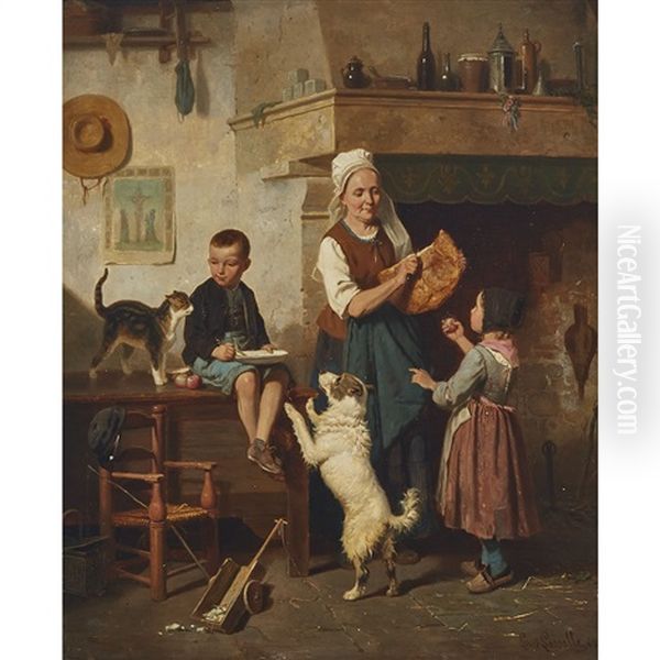 Children"s Morning Meal With Their Cat And Dog, 1866 - view 1