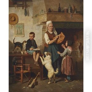 Children"s Morning Meal With Their Cat And Dog, 1866 by Louis Simon Cabaillot Lassalle
