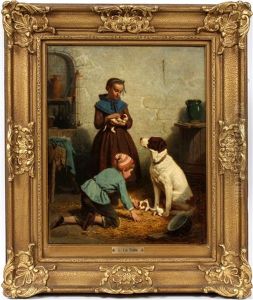 Children With Mother Dog & Pups by Louis Simon Cabaillot Lassalle