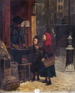 Paris, Le Marchand De Marrons Grilles Et Deux Enfants by Louis Simon Cabaillot Lassalle