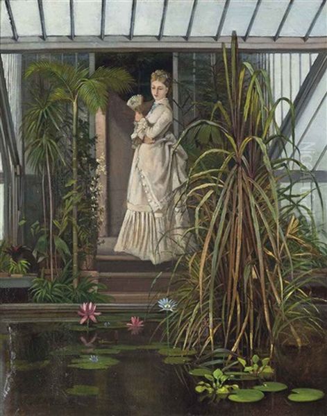 A Lady Admiring A Lily Pond - view 1