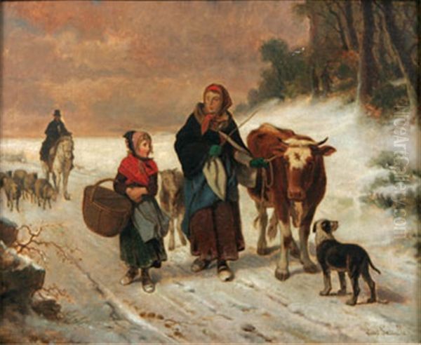 Familj Med Boskap I Vinterlandskap - view 1