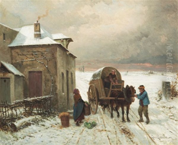 Vinterlandskap Med Figurer Och Vagn - view 1