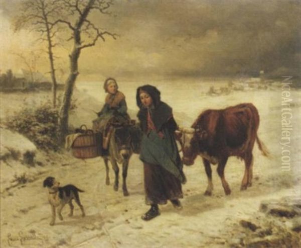 Farmgirls On A Path In Winter - view 1