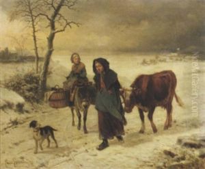 Farmgirls On A Path In Winter