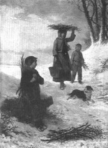 Children Gathering Sticks On A Snowy Day With Their Puppy by Louis Simon Cabaillot Lassalle