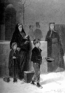 In Einer Kalten Winternacht Bittet Eine Familie Um Eine Milde Gabe
