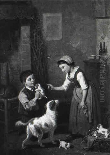The New Mother/interior Genre Scene With Children And Dogs by Louis Simon Cabaillot Lassalle