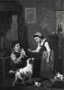 The New Mother/interior Genre Scene With Children And Dogs by Louis Simon Cabaillot Lassalle