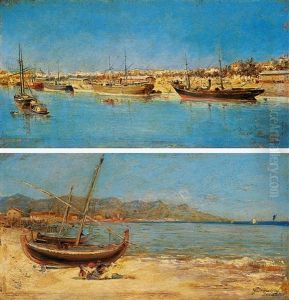 Barcos En Un Puerto (+ Jovenes En La Playa De Barcelona; Pair) by Francisco Cabanzon Hernandez