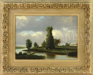 Barbizon Landscape With Figures By A River by Nicolas Louis Cabat
