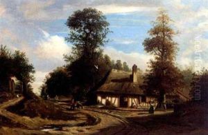 Travellers At A Cottage On A Country Track by Nicolas Louis Cabat