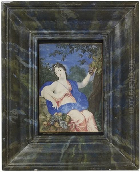 A Young Lady In Pink Dress With White Underdress Revealing Her Right Breast, Blue Shawl Draped Around Her Shoulders, Pearls In Her Curling Brown Hair, Seated On Stone Bench, Her Right - view 1