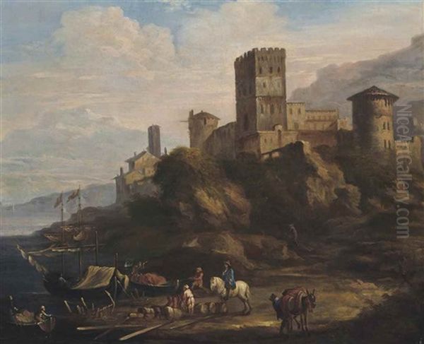 A River Landscape With Figures Loading Boats, An Italianate Castle, Mountains Beyond - view 1