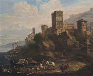 A River Landscape With Figures Loading Boats, An Italianate Castle, Mountains Beyond
