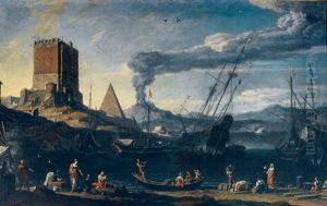 Paysage Lacustre Anime De Bateaux Devant Une Forteresse by Adriaen Van Der Cabel