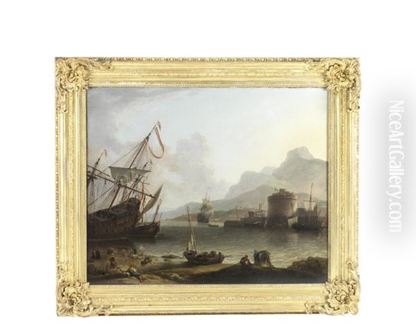 A Mediterranean Harbour With Shipping At Anchor And Stevedores On The Shore - view 1
