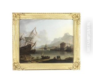A Mediterranean Harbour With Shipping At Anchor And Stevedores On The Shore by Adriaen Van Der Cabel