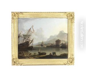 A Mediterranean Harbour With Shipping At Anchor by Adriaen Van Der Cabel