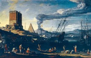 Paysage Lacustre Anime De Bateaux Devant Une Forteresse, Une Pyramide Et Au Loin Un Volcan