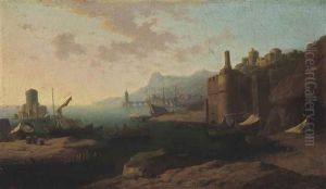 A Capriccio Of A Mediterranean Port At Sunrise With A Fisherman Preparing His Boat by Adriaen Van Der Cabel