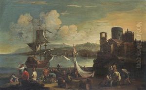 Paesaggio Costiero Con Imbarcazioni E Astanti by Adriaen Van Der Cabel
