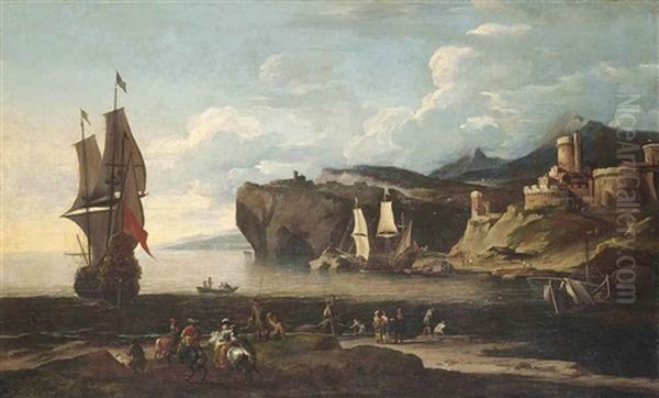 A Coastal Landscape With A Man-o'-war And Other Vessels On The Water, Elegant Figures On Horseback On The Shore, A Fortress Beyond - view 1