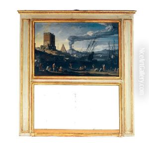 Paysage Lacustre Anime De Bateaux Devant Une Forteresse, Une Pyramide Et Au Loin Un Volcan