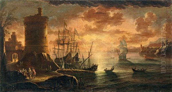 Mediterrane Kustenlandschaft Mit Figuren Und Fischern Vor Einem Turm Im Sonnenuntergang - view 1