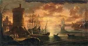 Mediterrane Kustenlandschaft Mit Figuren Und Fischern Vor Einem Turm Im Sonnenuntergang