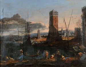 Vue De Port Anime Au Pied D'une Tour Sur Une Cote D' Italie