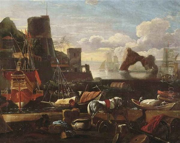 An Italian Harbor Scene With Figures And Goods On A Quay In The Foreground - view 1
