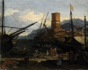 Veduta Di Porto Con Torre E Velieri by Adriaen Van Der Cabel