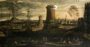 Porto Del Mediterraneo Con Vulcano In Eruzione In Lontananza