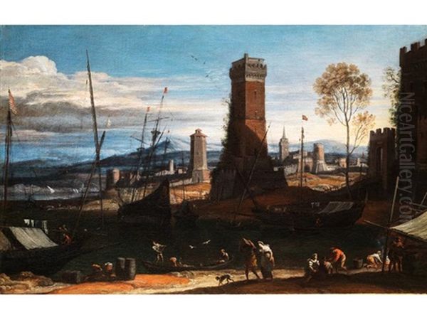 Landschaft Mit Hohen Turmen, Meeresbucht Und Anliegenden Schiffen Sowie Figurenstaffage - view 1