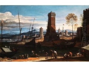 Landschaft Mit Hohen Turmen, Meeresbucht Und Anliegenden Schiffen Sowie Figurenstaffage by Adriaen Van Der Cabel