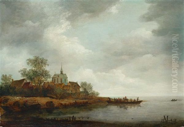 Flusslandschaft Mit Blick Auf Ein Dorf Mit Kirche - view 1