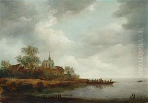Flusslandschaft Mit Blick Auf Ein Dorf Mit Kirche by Adriaen Van Der Cabel