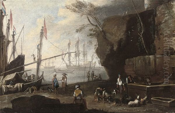 A Mediterranean Coastal Landscape With Figures In The Foreground And Shipping Beyond - view 1