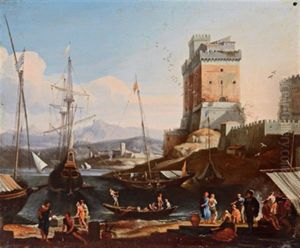 Italienischer Hafen Mit Eckigem Turm, Booten Und Vielen Figuren, Marina Italiana Con Torre E Figure; by Adriaen Van Der Cabel