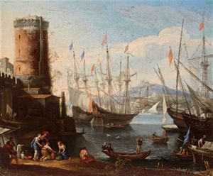 Italienischer Hafen Mit Ankernden Dreimastern Und Figuren, Marina Italiana Con Torre E Figure by Adriaen Van Der Cabel