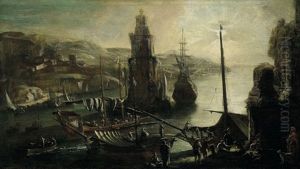 Capriccio Des Hafens Von Rhodos Mit Dem Nicolas-turm by Adriaen Van Der Cabel