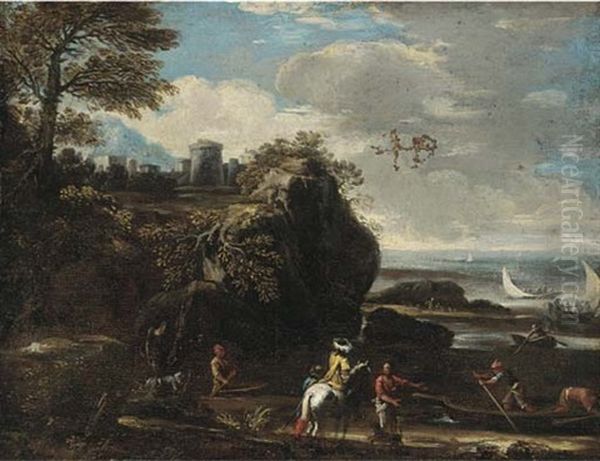 A Mediterranean Coastal Inlet With Fishermen And Boating, A Hilltop Town Beyond - view 1