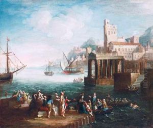 A Capriccio Of A Mediterranean Port With Figures On A Quay And Shipping Beyond by Adriaen Van Der Cabel