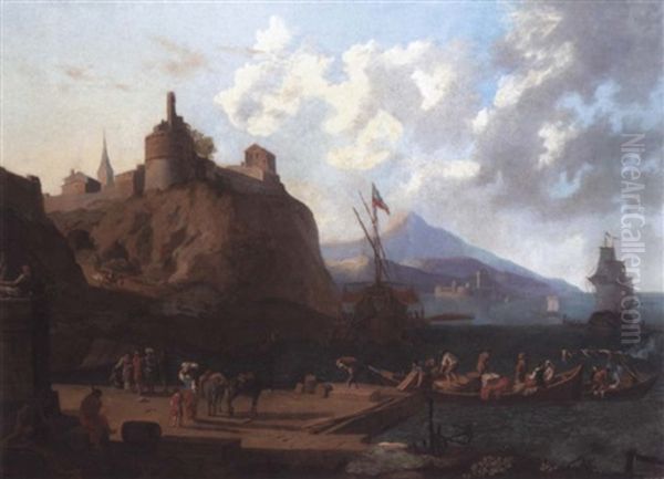 A Mediterranean Harbour Scene With Numerous Figures On A Quay Beneath A Fort - view 1