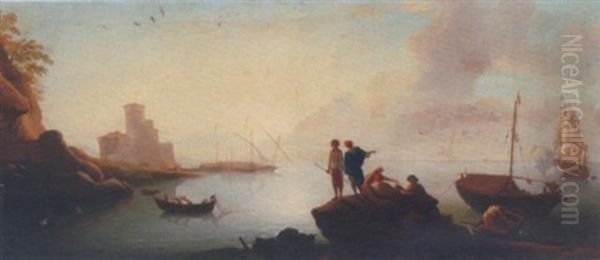 A Mediterranean Harbour Scene With Fishermen And A Man O'war Firing A Salute In The Distance - view 1